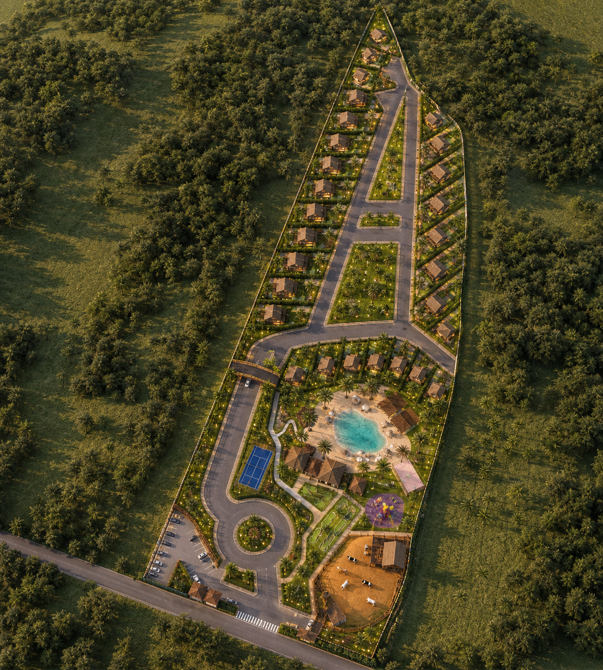 Renderização aérea do Villa Chalé Resort mostrando chalés, prainha, quadras e mata preservada